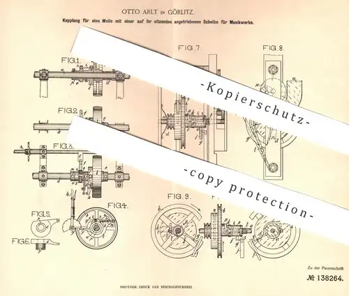 original Patent - Otto Arlt , Görlitz , 1901 , Kupplung für Welle am Musikwerk | Musik , Musikinstrument , Musiker !!