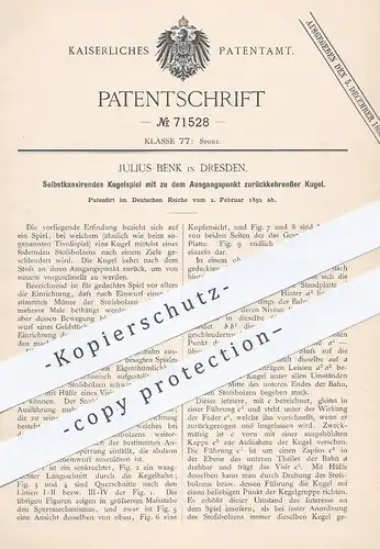 original Patent - Julius Benk , Dresden , 1892 , Kugelspiel mit Münzeinwurf | Kugel - Spiel | Sport , Kegel , Kegelbahn