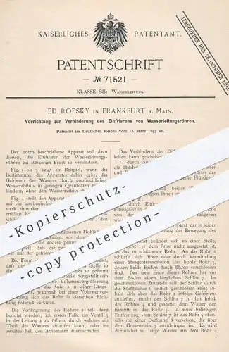 original Patent - Ed. Roesky , Frankfurt / Main , 1893 , Schutz vor Einfrieren von Wasserleitungen | Wasser , Klempner !