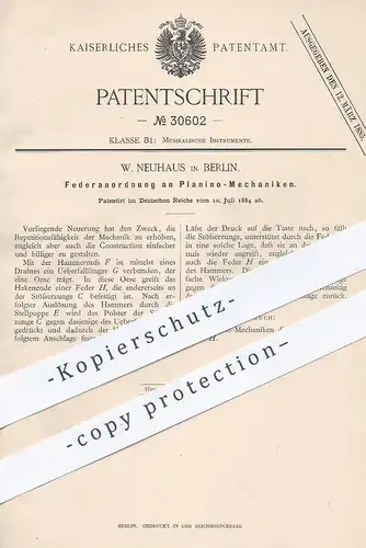 original Patent - W. Neuhaus , Berlin , 1884 , Federanordnung an Pianino - Mechanik | Piano , Klavier , Musikinstrument