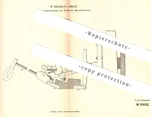 original Patent - W. Neuhaus , Berlin , 1884 , Federanordnung an Pianino - Mechanik | Piano , Klavier , Musikinstrument