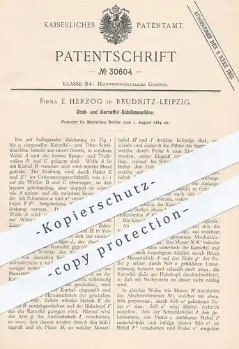 original Patent - E. Herzog , Leipzig / Reudnitz , 1884 , Schälmaschine für Obst , Kartoffel , Gemüse | Messer , Koch !!
