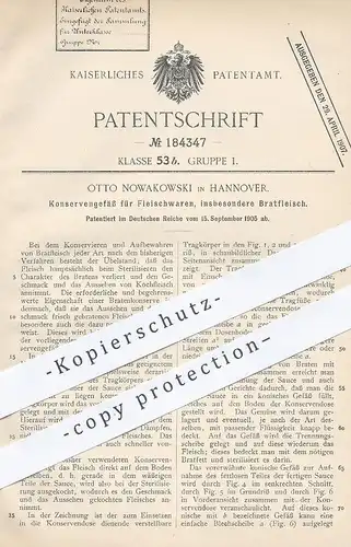 original Patent - Otto Nowakowski , Hannover , 1905 , Konservengefäß für Fleisch | Konserve , Dose , Lebensmittel !!