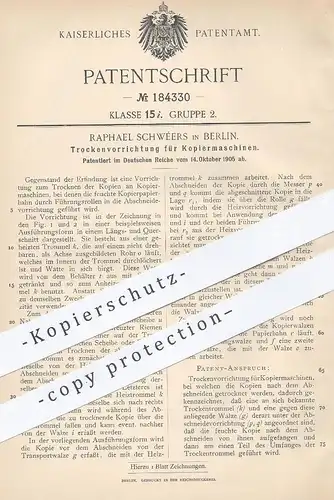 original Patent - Raphael Schwéers , Berlin , 1905 , Trockenvorrichtung für Kopiermaschinen | Kopieren , Kopierer !!