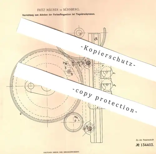 original Patent - Fritz Mäurer , Nürnberg , 1901 , Abheben der Farbauftragwalzen bei Tiegeldruckpresse | Druckpresse !