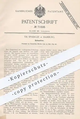 original Patent - Th. Sprenger , Hamburg , 1893 , Geldsortierer | Geld | Münzsortierer , Münzen , Geldstück !!