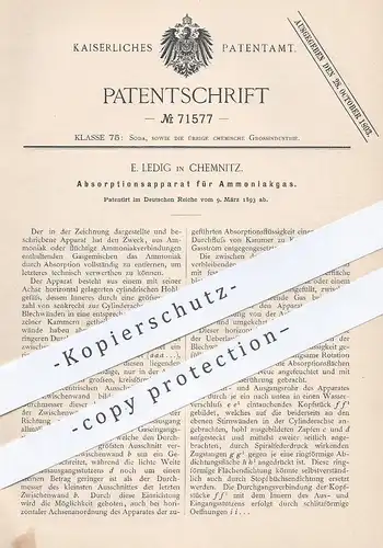 original Patent - E. Ledig , Chemnitz , 1893 , Absorption von Ammoniakgas | Ammoniak - Gas | Chemie , Chemiker !!