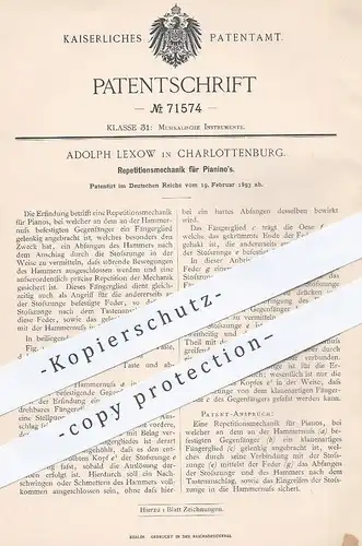 original Patent - Adolph Lexow , Berlin / Charlottenburg , 1893 , Repetitionsmechanik für Pianino | Piano , Klavier !!