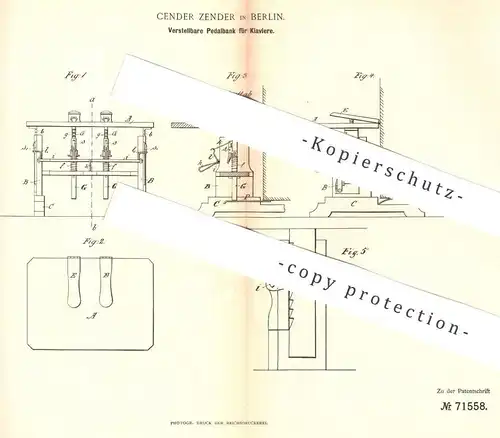 original Patent - Cender Zender , Berlin , 1892 , Pedalbank für Klaviere | Klavier , Piano , Musikinstrument , Musik !!