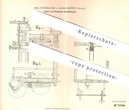 original Patent - Emil Offenbacher , Markt Redwitz , 1892 , Schleifmaschine , Poliermaschine | Schleifen , Polieren !!