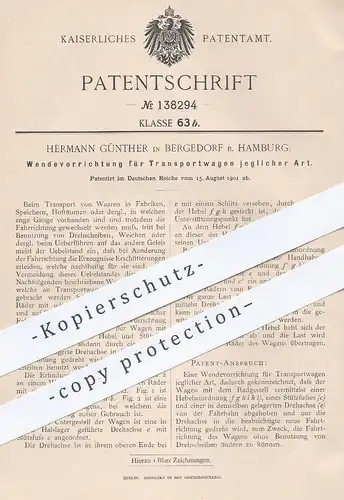original Patent - Hermann Günther , Hamburg / Bergedorf , 1901 , Wendevorrichtung für Transportwagen | Eisenbahn , Wagon