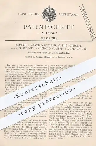 original Patent - Bad. Maschinenfabrik & Eisengießerei | Sebold & Neff , Durlach , 1901 , Füllen v. Zündholz - Schachtel