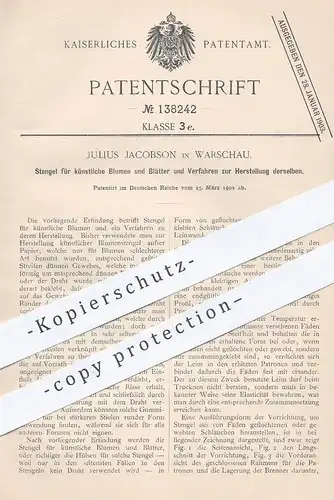 original Patent - Julius Jacobson , Warschau , 1902 , Stengel für künstliche Blumen u. Blätter | Kunstblumen , Papier !!