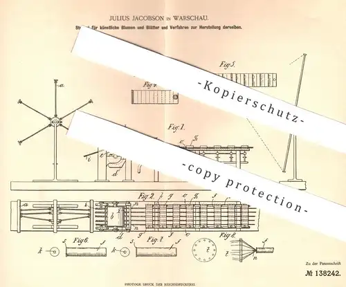 original Patent - Julius Jacobson , Warschau , 1902 , Stengel für künstliche Blumen u. Blätter | Kunstblumen , Papier !!