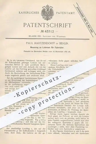 original Patent - Paul Hartzendorff , Berlin , 1887 , Laternen für Fahrräder | Fahrrad - Lampe | Laterne , Licht !!