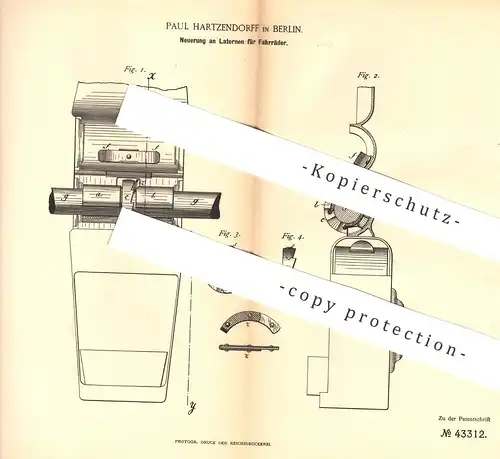 original Patent - Paul Hartzendorff , Berlin , 1887 , Laternen für Fahrräder | Fahrrad - Lampe | Laterne , Licht !!