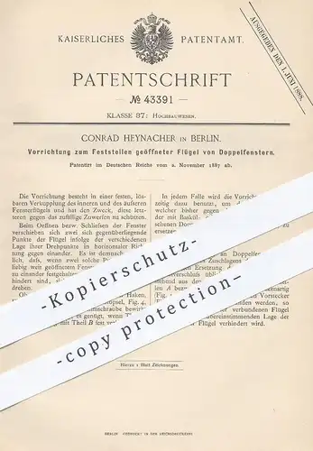 original Patent - Conrad Heynacher , Berlin , 1887 , Feststellen der Flügel am Fenster | Fensterbauer , Tischler !!!