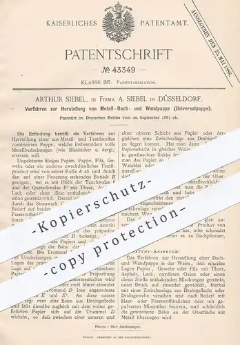 original Patent - Arthur Siebel , Düsseldorf , 1887 , Herst. v. Metallpappe , Dachpappe , Wandpappe | Pappe | Dachdecker