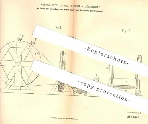 original Patent - Arthur Siebel , Düsseldorf , 1887 , Herst. v. Metallpappe , Dachpappe , Wandpappe | Pappe | Dachdecker