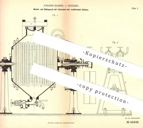 original Patent - Johann Hampel , Dresden , 1888 , Apparat für Maische und zur Kühlung | Bier , Wein , Brauerei !!