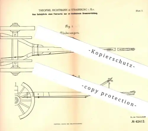 original Patent - Theophil Richtmann , Strassburg / Elsass , 1887 , Bremsen für Pferdekutsche | Kutsche , Pferd , Bremse