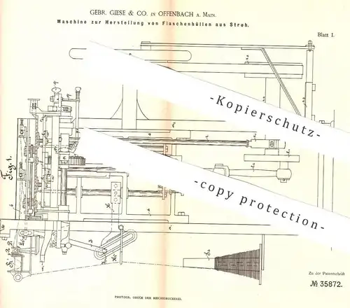 original Patent - Gebr. Giese & Co. , Offenbach / Main , 1885 , Flaschenhüllen aus Stroh | Flasche , Korb , Wein !!