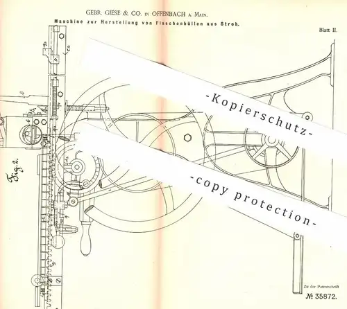 original Patent - Gebr. Giese & Co. , Offenbach / Main , 1885 , Flaschenhüllen aus Stroh | Flasche , Korb , Wein !!