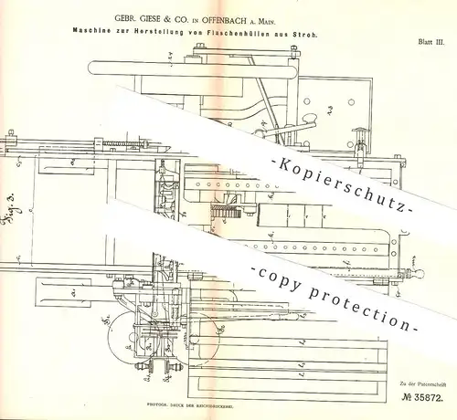 original Patent - Gebr. Giese & Co. , Offenbach / Main , 1885 , Flaschenhüllen aus Stroh | Flasche , Korb , Wein !!