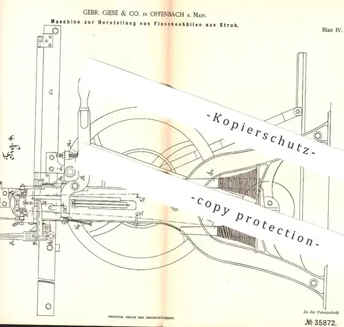 original Patent - Gebr. Giese & Co. , Offenbach / Main , 1885 , Flaschenhüllen aus Stroh | Flasche , Korb , Wein !!