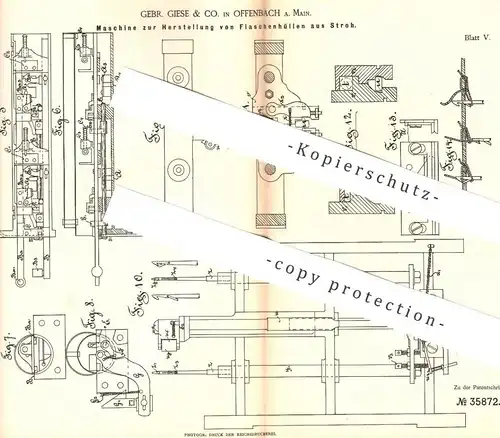 original Patent - Gebr. Giese & Co. , Offenbach / Main , 1885 , Flaschenhüllen aus Stroh | Flasche , Korb , Wein !!