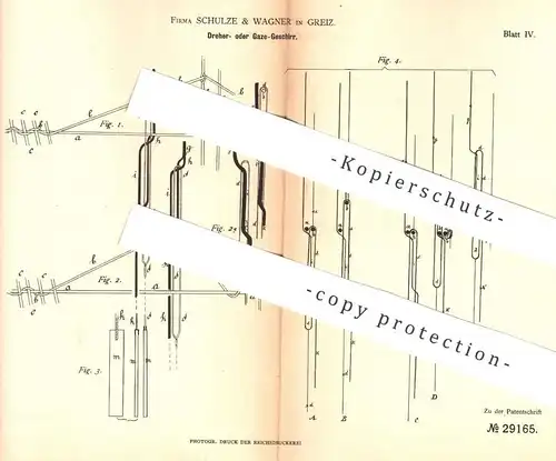 original Patent - Schulze & Wagner , Greiz , 1883 , Dreher- o. Gaze-Geschirr | Dreher | Weber , Weben , Webstuhl !!!