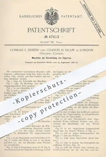 original Patent - Conrad L. Driefer , Charles D. Shaw , London , Ontario , Kanada , 1888 , Herst. von Zigarre , Zigarren