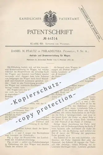 original Patent - Daniel M. Pfautz , Philadelphia , Pennsylvania USA , 1887 , Antrieb u. Bremse für Wagen | Kutsche !!