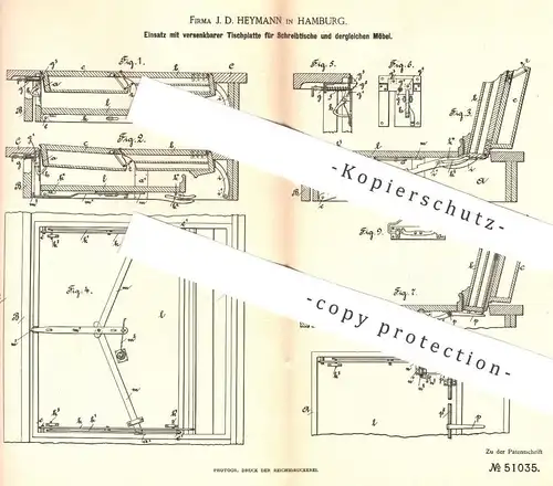 original Patent - J. D. Heymann , Hamburg , 1889 , Einsatz mit senkbarer Tischplatte für Schreibtisch | Tisch , Tischler