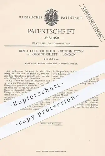 original Patent - Henry Cole Willmoth , Kentish Town , George Gillett , London , 1888 , Mischhahn | Zapfhahn , Bier !!