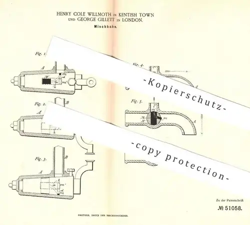 original Patent - Henry Cole Willmoth , Kentish Town , George Gillett , London , 1888 , Mischhahn | Zapfhahn , Bier !!