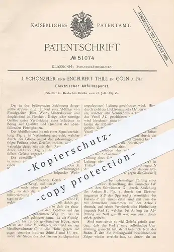 original Patent - J. Schönzeler , Engelbert Thill , Köln / Rhein , 1889 , Elektrischer Abfüllapparat | Zapfanlage , Bier
