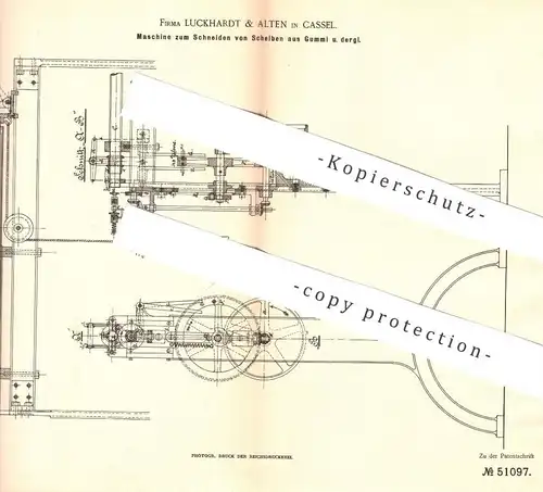original Patent - Luckhardt & Alten , Kassel , 1889 , Schneiden v. Scheiben aus Gummi | Kautschuk , Schlauch , Schläuche