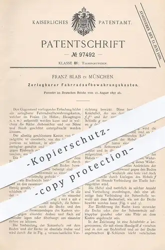 original Patent - Franz Blab , München , 1897 , Zerlegbarer Fahrradaufbewahrungskasten | Fahrrad - Schuppen , Garage !!!