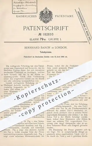 original Patent - Bernhard Baron , London , England , 1906 , Tabakpresse | Tabak Presse , Pressen , Zigarren , Zigarette
