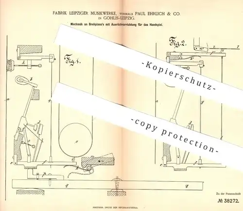 original Patent - Leipziger Musikwerke | Paul Ehrlich & Co., Leipzig / Gohlis 1886 , Mechanik an Piano | Klavier , Musik