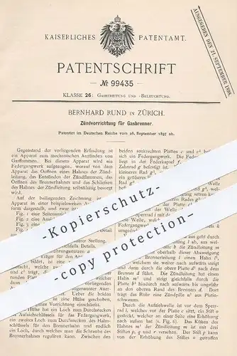 original Patent - Bernhard Rund , Zürich , 1897 , Zünden der Gasbrenner | Gas - Brenner | Licht , Beleuchtung !!