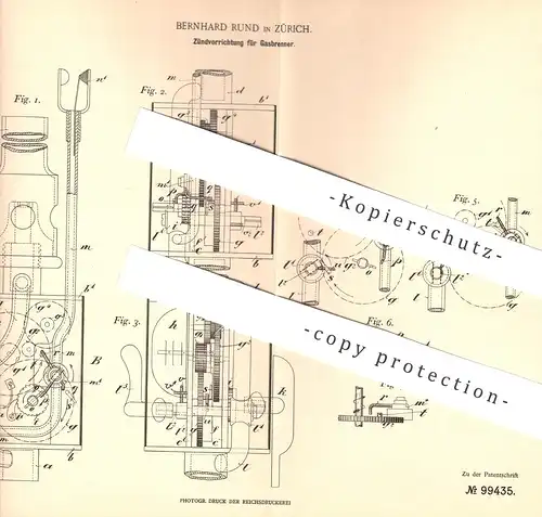 original Patent - Bernhard Rund , Zürich , 1897 , Zünden der Gasbrenner | Gas - Brenner | Licht , Beleuchtung !!