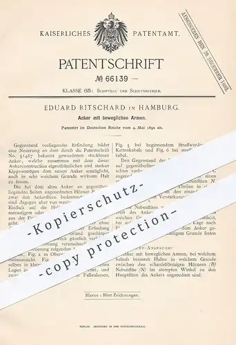 original Patent - Eduard Ritschard , Hamburg , 1892 , Anker mit beweglichen Armen | Schiff , Schiffe , Boot , Boote !!