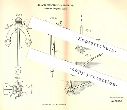 original Patent - Eduard Ritschard , Hamburg , 1892 , Anker mit beweglichen Armen | Schiff , Schiffe , Boot , Boote !!