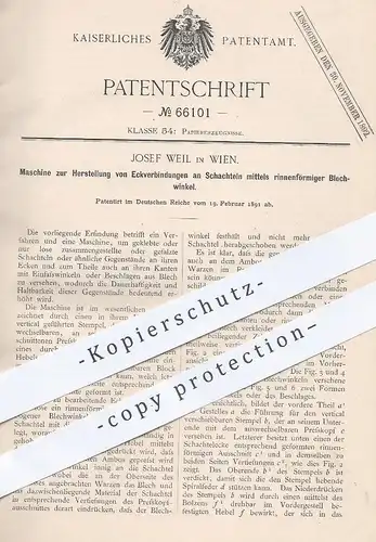 original Patent - Josef Weil , Wien , 1891 , Eckverbindungen an Schachtel mittels Blechwinkel | Papier , Karton , Kisten
