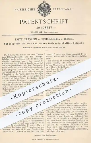 original Patent - Fritz Ortwein , Berlin / Schöneberg , 1898 , Schankgefäß für Bier u. Getränke | Zapfanlage , Zapfhahn