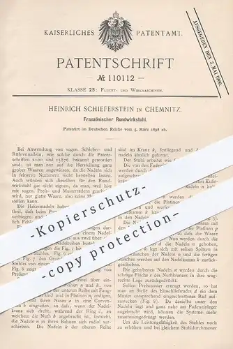 original Patent - Heinrich Schieferstein , Chemnitz , 1898 , Französischer Rundwirkstuhl | Wirkstuhl , Wirkmaschine
