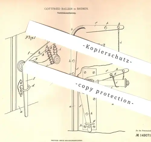 original Patent - Gottfried Balleer , Berlin , 1902 , Türklinkensicherung | Tür Klinke , Türschloss , Schlosser , Türen