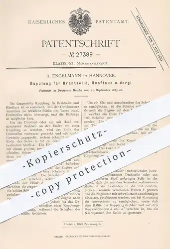 original Patent - A. Engelmann , Hannover , 1883 , Kupplung für Drahtseil , Hanftau , Tau , Seil | Kupplungen